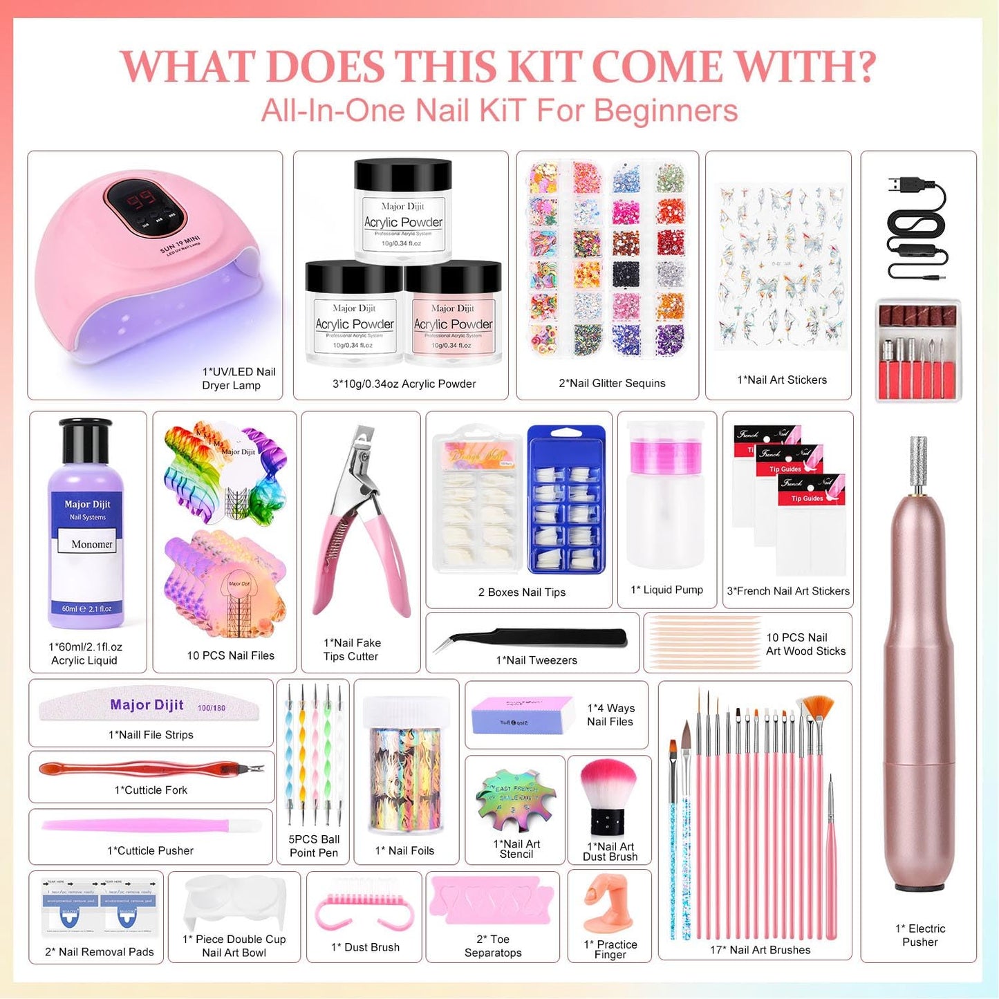 DouborQ Acrylic Nail Kit with Electric Nail Drill Nail Lamp,U V Nail Dryer Light Nail Art Tools,False Nail Tips Starter Set Acrylic Nail Art Supplies for Beginner with Everything (1-6)