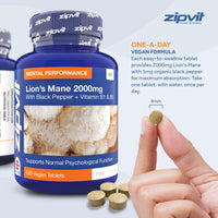 Lions Mane Mushroom Extract 2000mg, 120 Vegan Tablets with Black Pepper and Vitamins B1 & B5, Contributes to Psychological Function, Mental Performance and Reduces Tiredness and Fatigue.