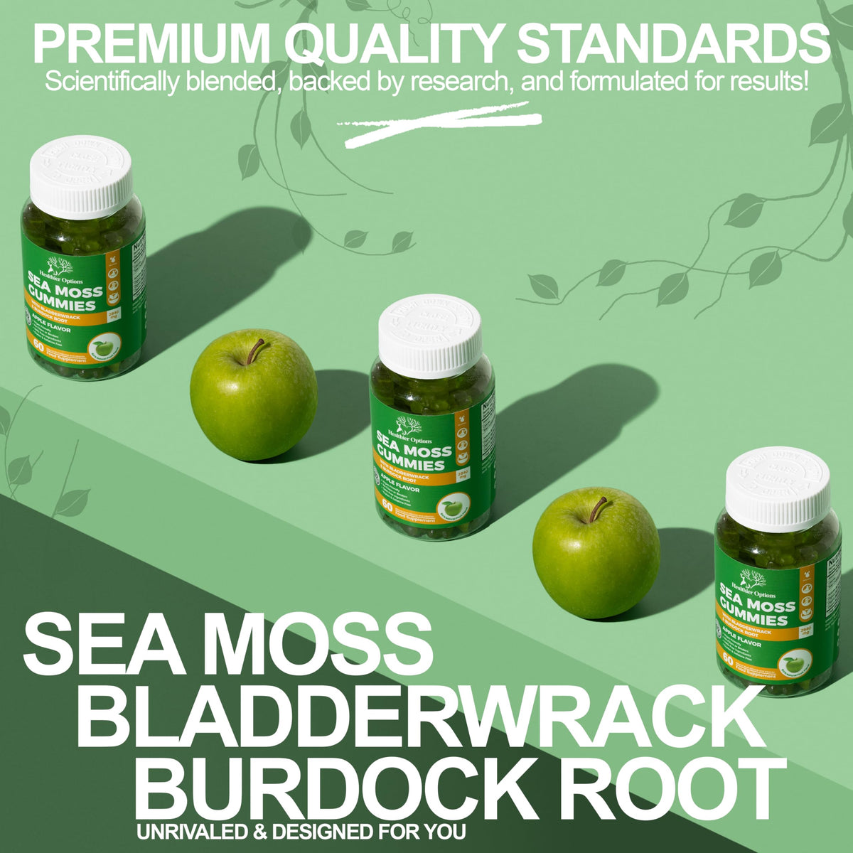 Healthier Options Irish Sea Moss Gummies with Bladderwrack & Burdock Root 5680 Mg | 60 Gummies | Apple Flavour | Vitamins & Minerals | Organic, Natural, Vegan, Gluten Free, Non GMO, High Strength