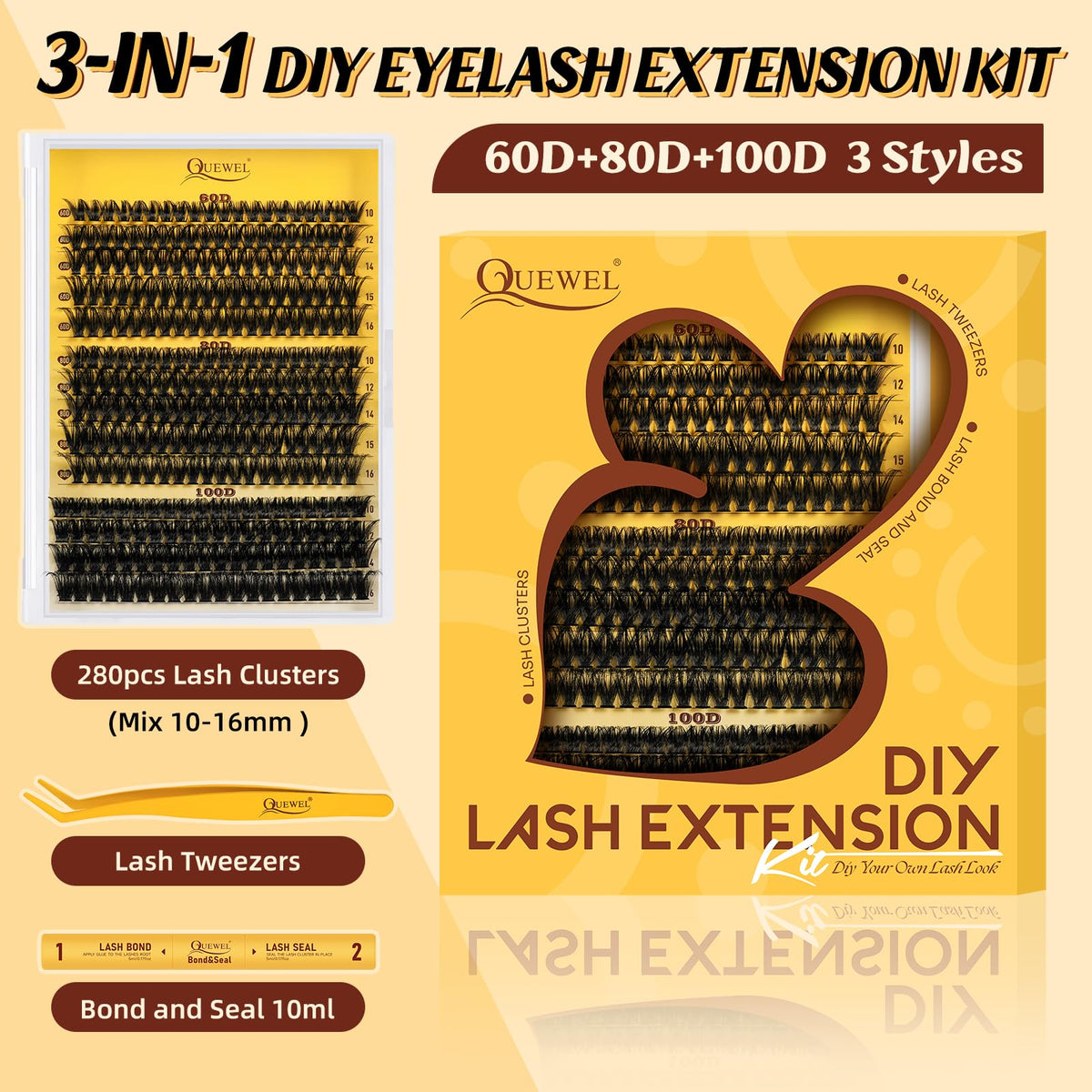 QUEWEL Fluffy Individual Eyelashes Kit 60+80+100D Clusters Lashes Kit, Eyelash Individual DIY Lash Extension kit Mix 10-16mm, Individual Cluster with Bond and Seal (60D+80D+100D-KIT)