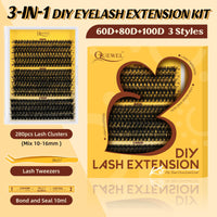 QUEWEL Fluffy Individual Eyelashes Kit 60+80+100D Clusters Lashes Kit, Eyelash Individual DIY Lash Extension kit Mix 10-16mm, Individual Cluster with Bond and Seal (60D+80D+100D-KIT)