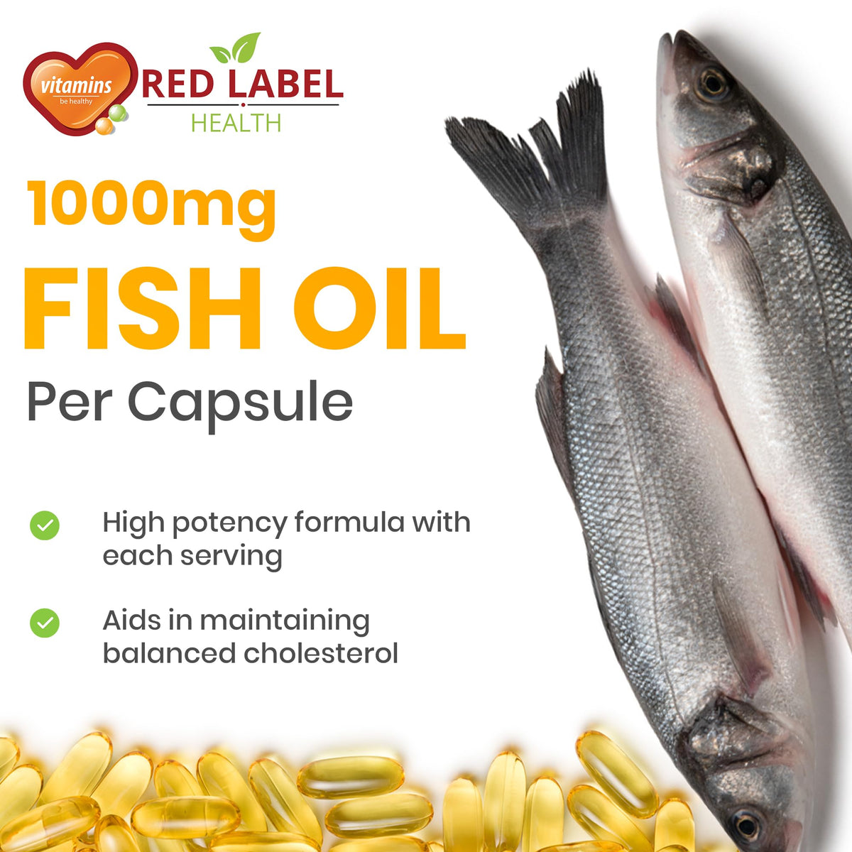 Red Label Health Omega 3 Fish Oil 1000mg, Pack of 90 Soft Gel Capsules (3 Months Supply), Double Strength 180mg EPA and 120mg DHA, Supports Eye, Heart & Brain Health for Men & Women - UK Made