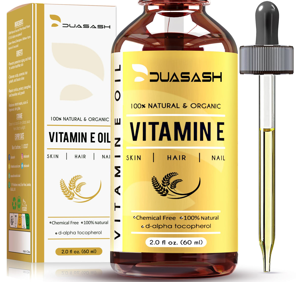 DUASASH Duasash Vitamin E Oil for Skin & Face 75,000 IU 100% Naturally Sourced Plant-Based Organic Pure Vitamin E Oil for Hair d-Alpha-tocopherol Body Oil, Strengthens & Moisturizes Hair, Nails 60ml