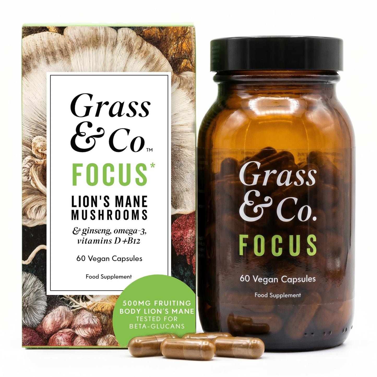 Grass & Co. Lions Mane Supplement Mushroom 600mg Capsules with Vitamin D, Vegan Omega 3, Vitamin B12 & Ginseng for Focus and Cognitive Health Support, 60 Capsules, 30 Servings