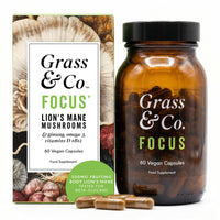 Grass & Co. Lions Mane Supplement Mushroom 600mg Capsules with Vitamin D, Vegan Omega 3, Vitamin B12 & Ginseng for Focus and Cognitive Health Support, 60 Capsules, 30 Servings