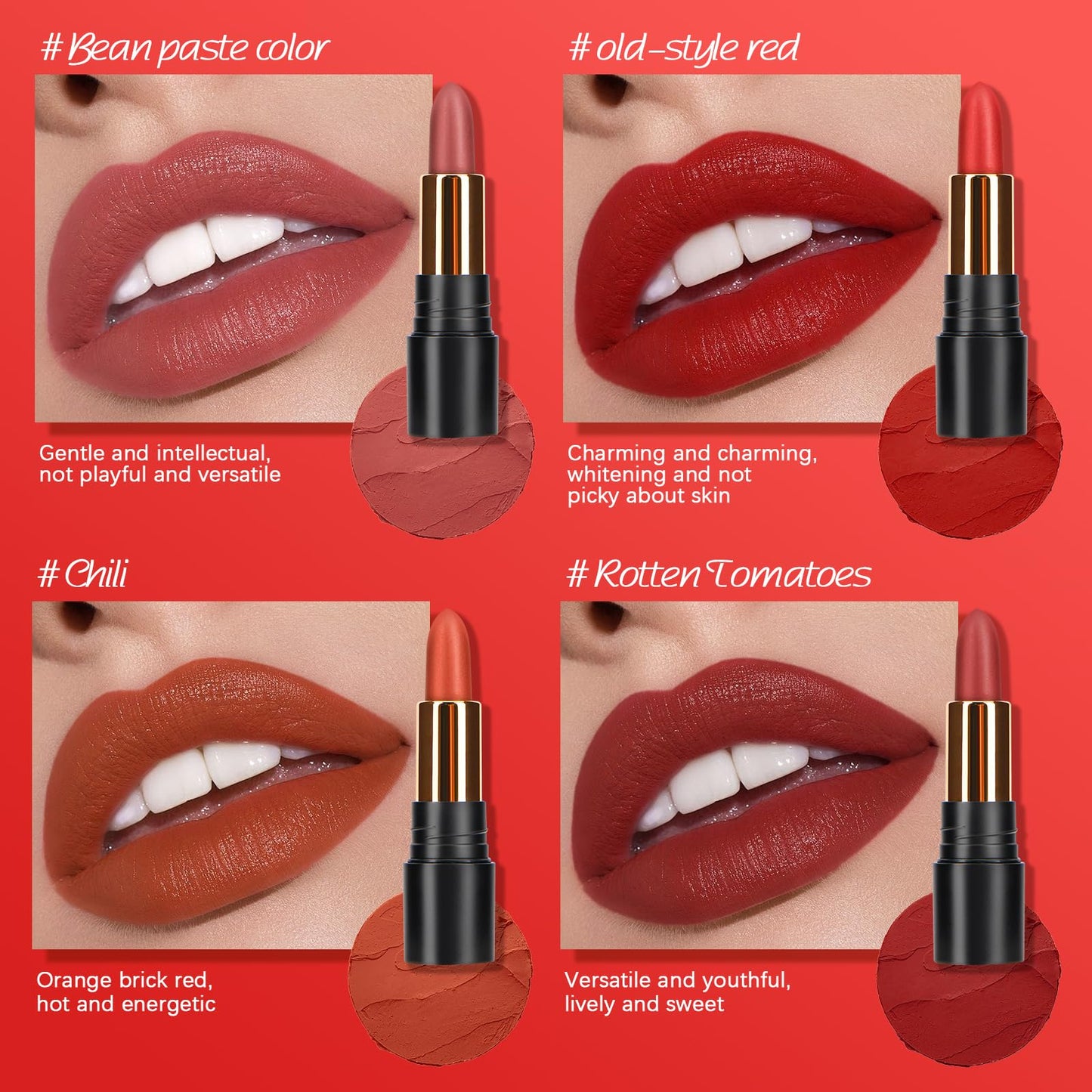 Anglicolor Red Lipstick, Matte Lipstick, 24 Hour Lipstick, Waterproof, High Coverage, Rich and Radiant Colour, Vegan & Cruelty-Free (04#Chili, 3.8g)
