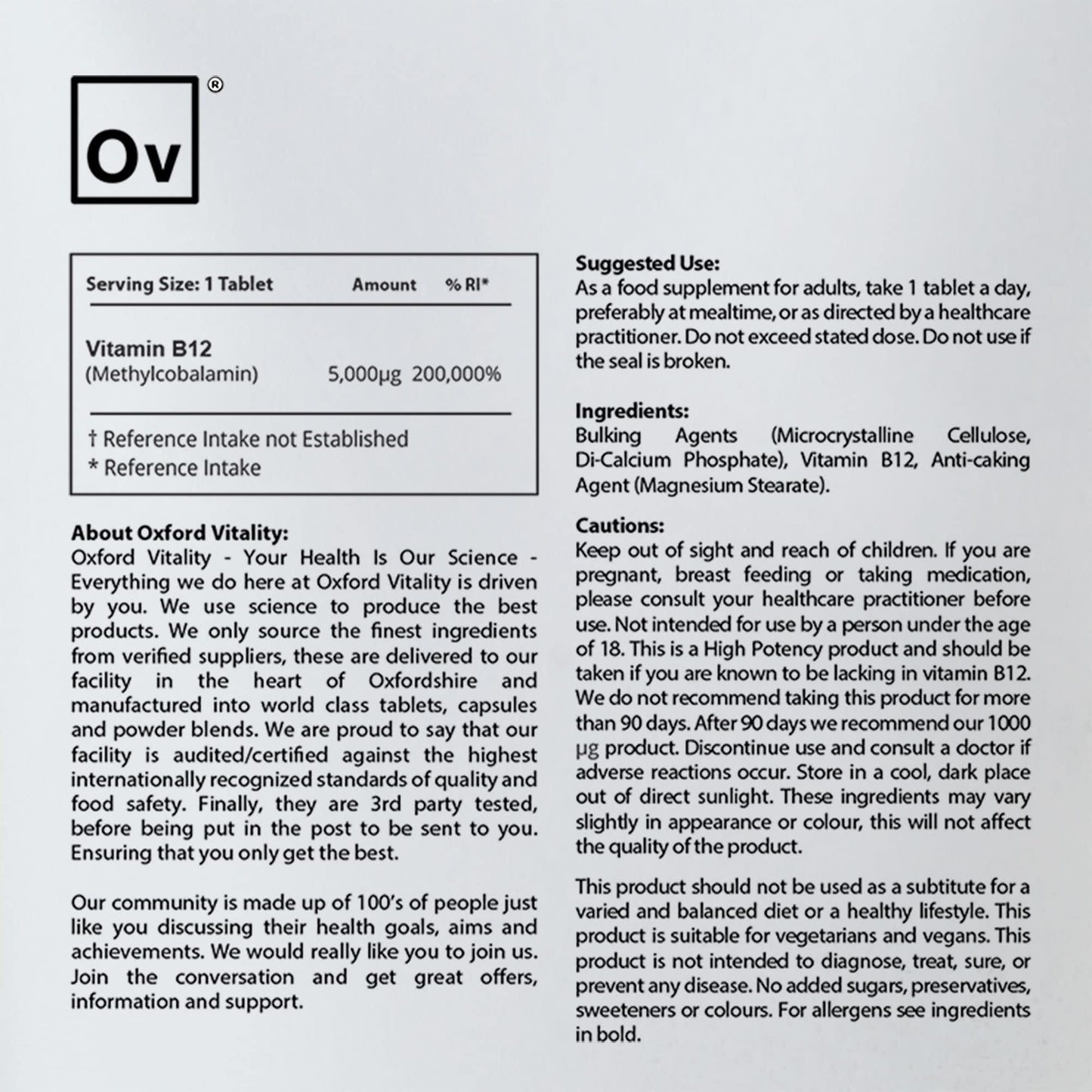 Vitamin B12 Tablet | 5000mcg High Strength Methylcobalamin Supplement for Vegans, Vegetarians, Energy & General Health | Oxford Vitality