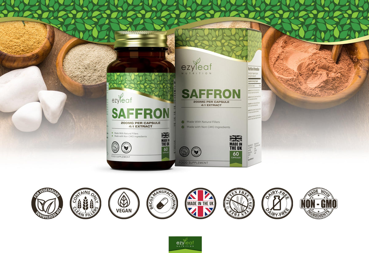 Ezyleaf Nutrition EZ Saffron Extract Supplement | 60 High Strength Saffron Capsules - 200mg (from 4:1 Extract) Safron Herb Extract per Serving | Non-GMO, Gluten & Allergen Free | Manufactured in The UK