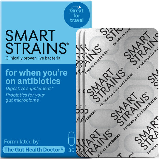 SMART STRAINS Probiotics for Antibiotics & Traveller's Tummy – Proven Live Bacteria, Formulated by The Gut Health Doctor, 10 Billion LGG World’s Most Studied Bacterial Cultures, 30 Oral Capsules
