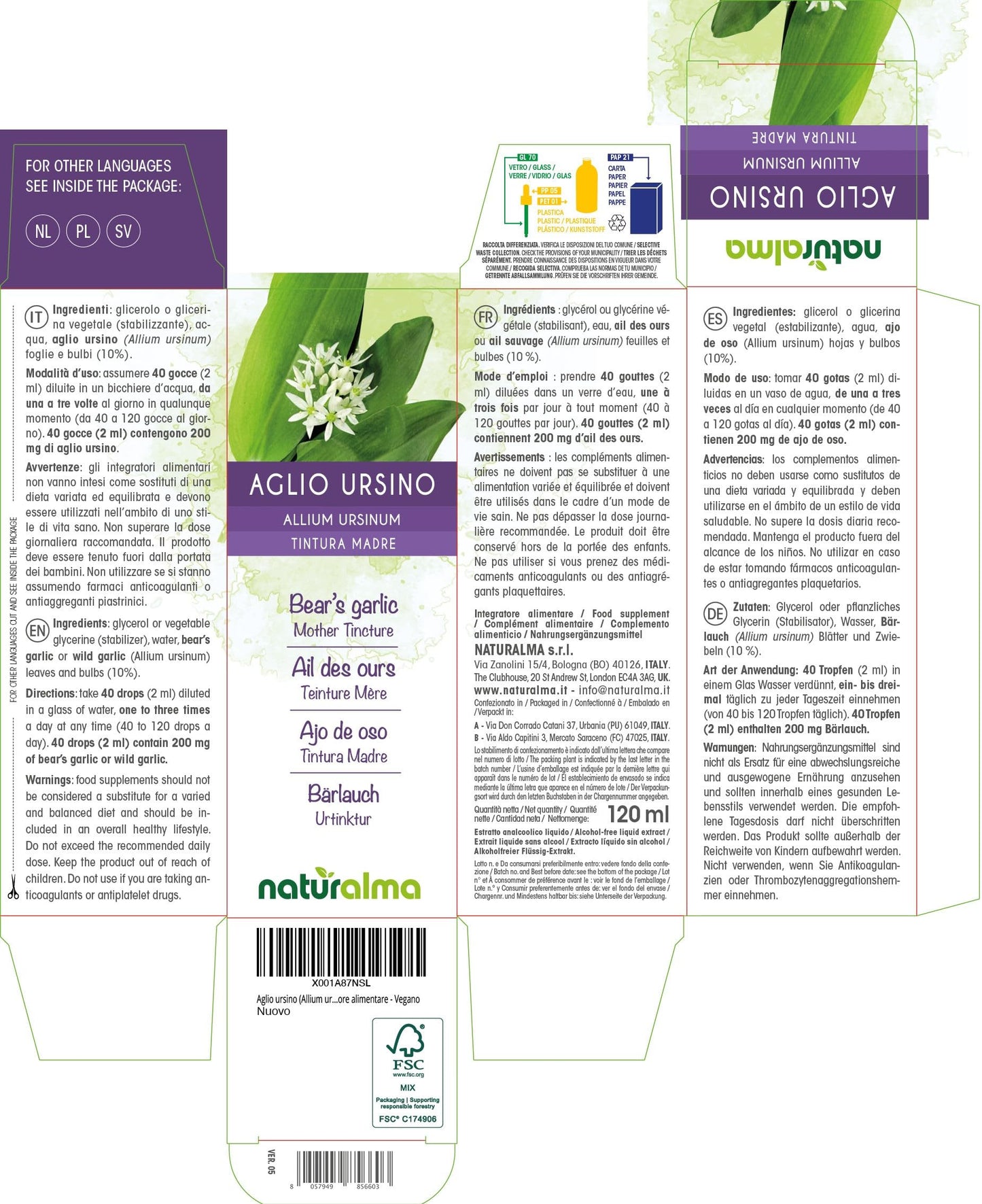 Bear's Garlic or Wild Garlic (Allium ursinum) Leaves and Bulbs Alcohol-Free Mother Tincture Naturalma - Liquid Extract Drops 120 ml - Food Supplement - Vegan