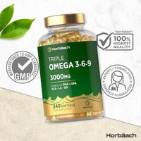 Horbäach Triple Omega 3 6 9 Capsules 3000mg ALA, LA & OA | 240 Softgels | High Strength EPA & DHA Essential Fatty Acids | Supplement with Fish Oil, Flaxseed & Sunflower Oil | by Horbaach