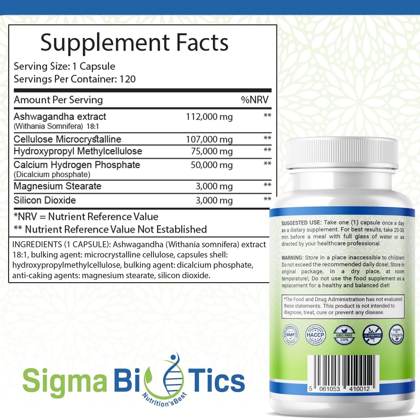 SigmaBiotics Ashwagandha Extract Tablets - Premium Strength Formula - Supports Energy, Overall Health, and Hormone Regulation - Vegan and Gluten Free - 30 Tablets