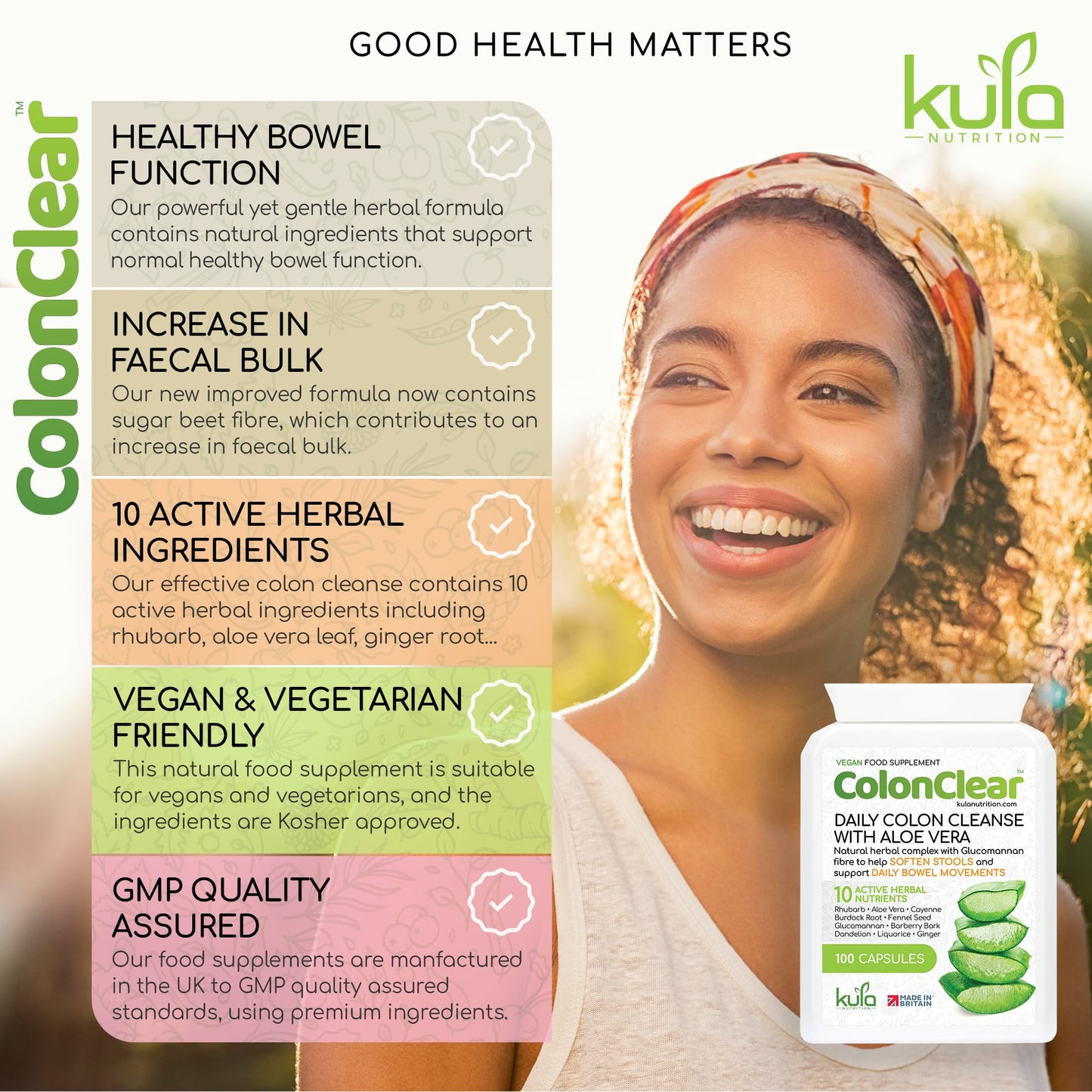 Kula Nutrition ColonClear – Colon Cleanse Detox - Natural Laxative and Stool Softener for Constipation Relief for Adults – Everyday Herbal Formula with Aloe Vera and Fibre for Regular Bowel Movements - 100 Capsules