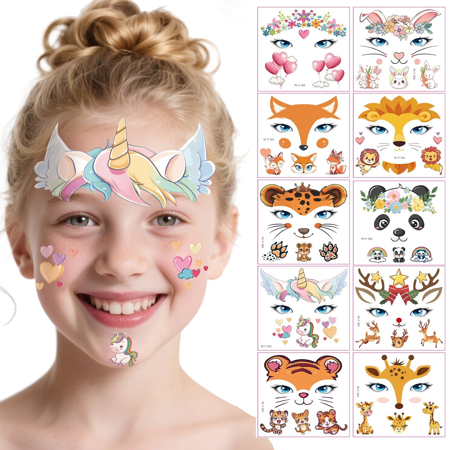 AmiCera Kids Tattoos, 10 Sheets Glitter Face Tattoos for Kids, Temporary Fake Tattoo for Party Festival Birthday, Quick Face Painting Makeup, Water Transfer, Safe & Long Lasting, Cute Animal Stickers