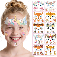 AmiCera Kids Tattoos, 10 Sheets Glitter Face Tattoos for Kids, Temporary Fake Tattoo for Party Festival Birthday, Quick Face Painting Makeup, Water Transfer, Safe & Long Lasting, Cute Animal Stickers