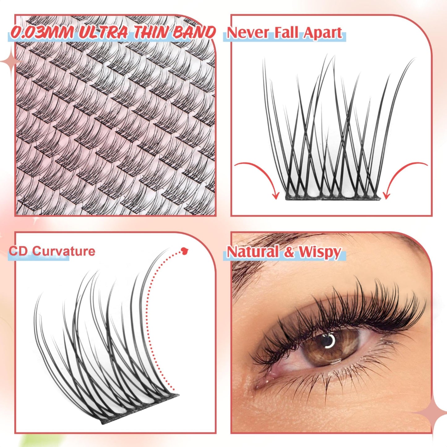 PHKERATA Wispy Cluster Lashes Natural Individual Eyelashes 180Pcs 9-12MM Lashes Individual Cluster Short Wispy C Curl Eyelash Clusters 9-12MM Super Thin Band Eyelashes