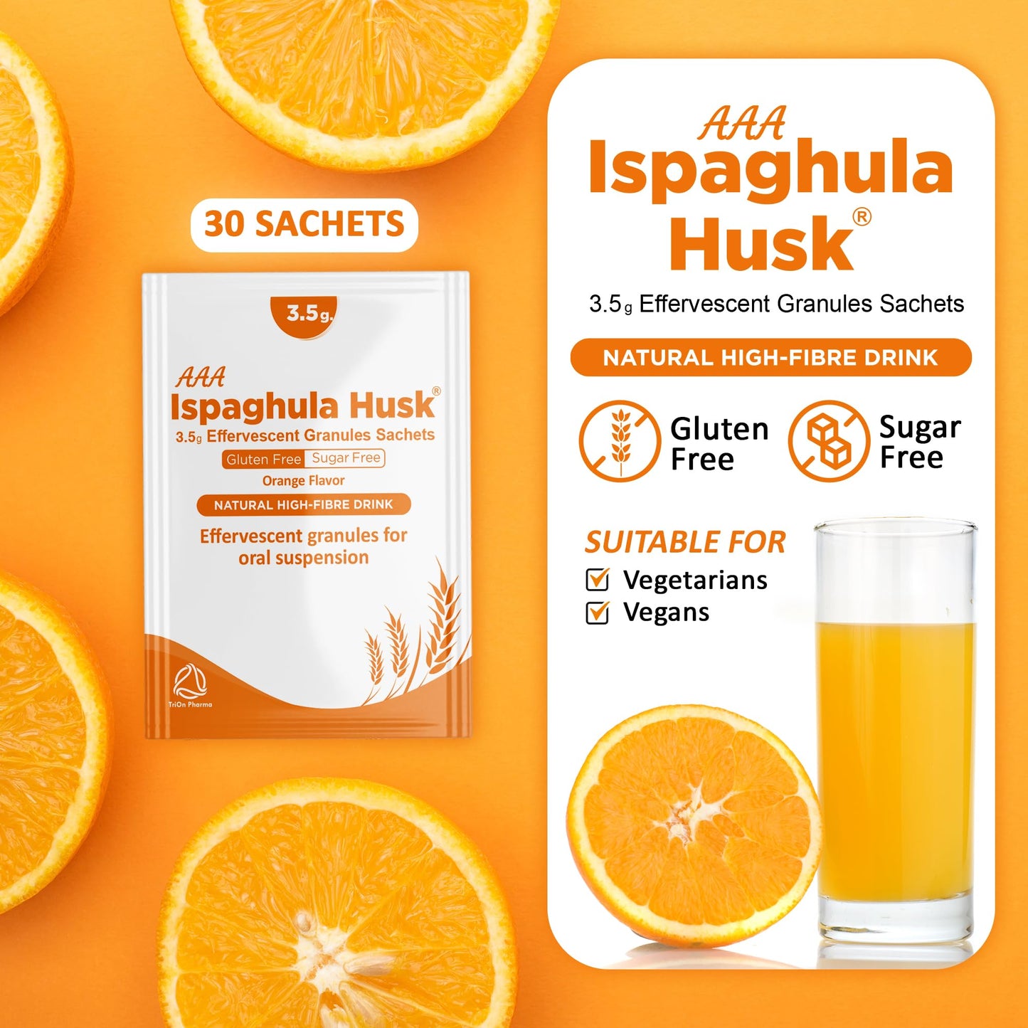 AAA Ispaghula Husk Orange Flavor – 30 Sachets |Natural High Fibre Drink | Effervescent Granules Sachets