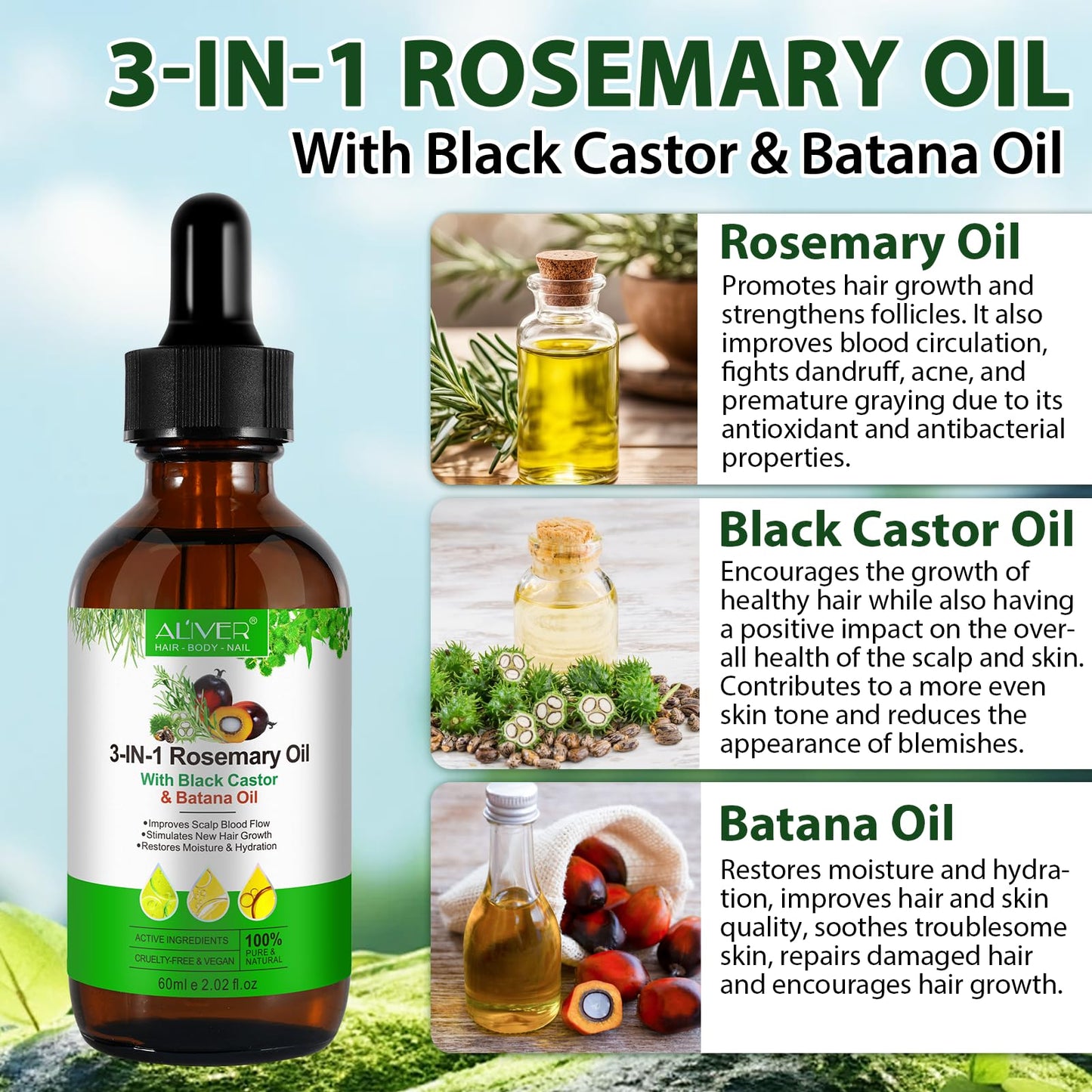 Bibonse 3 in 1 Rosemary Oil for Hair Growth, 100% Natural Hair Growth Oil with Rosemary, Jamaican Black Castor and Batana Oil, Promotes Hair Regrowth, Nourishes Scalp, Hair Loss Treatment, 2.02 fl.Oz