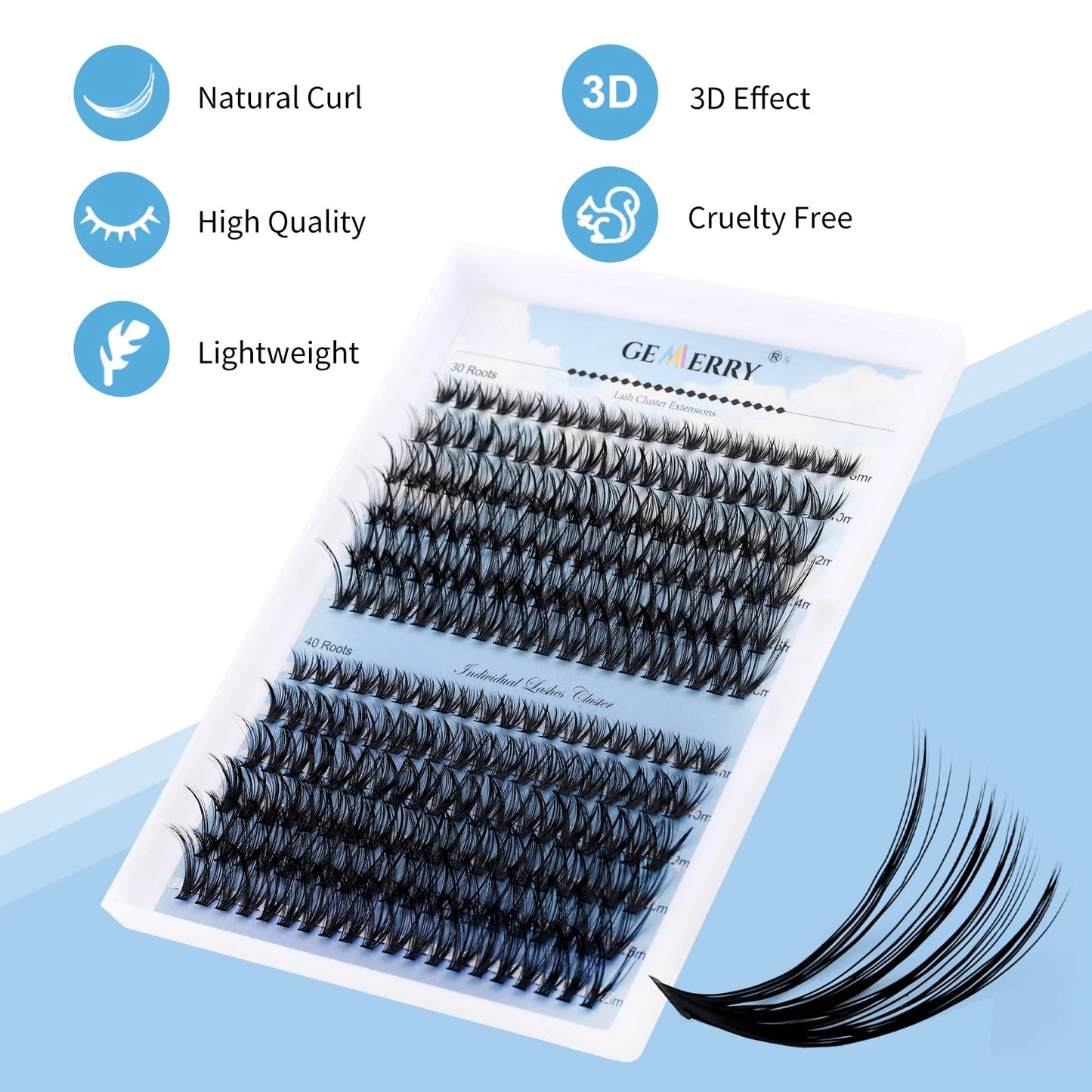 GEMERRY Cluster Lashes 240PCS Individual 0.07mm C Curl 30D+40D 8-16mm Mix Lash Ribbons Wide Stem Natural Look Eyelash Volume at Home Extensions(30D+40D-C-0.07-8-16mm)