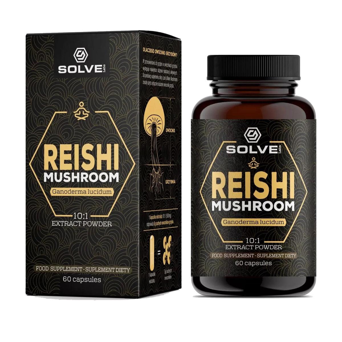 Solve Labs SOLVE Labs® ● Premium Reishi Mushroom Capsules ● 51% Beta-D-Glucans ● 10:1 Concentrate ● No Fillers & Additives ● Vegetarian & Kosher ● 60 Capsules ● 1 Month Supply