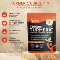 Multivita Turmeric Curcumin Tablets 7,260mg Per Serving - 95% Curcuminoids 2 Months Supply - with Ginger & Active Curcumin Including Black Pepper to Aid Absorption - High Strength Tumeric Supplement - Vegan UK
