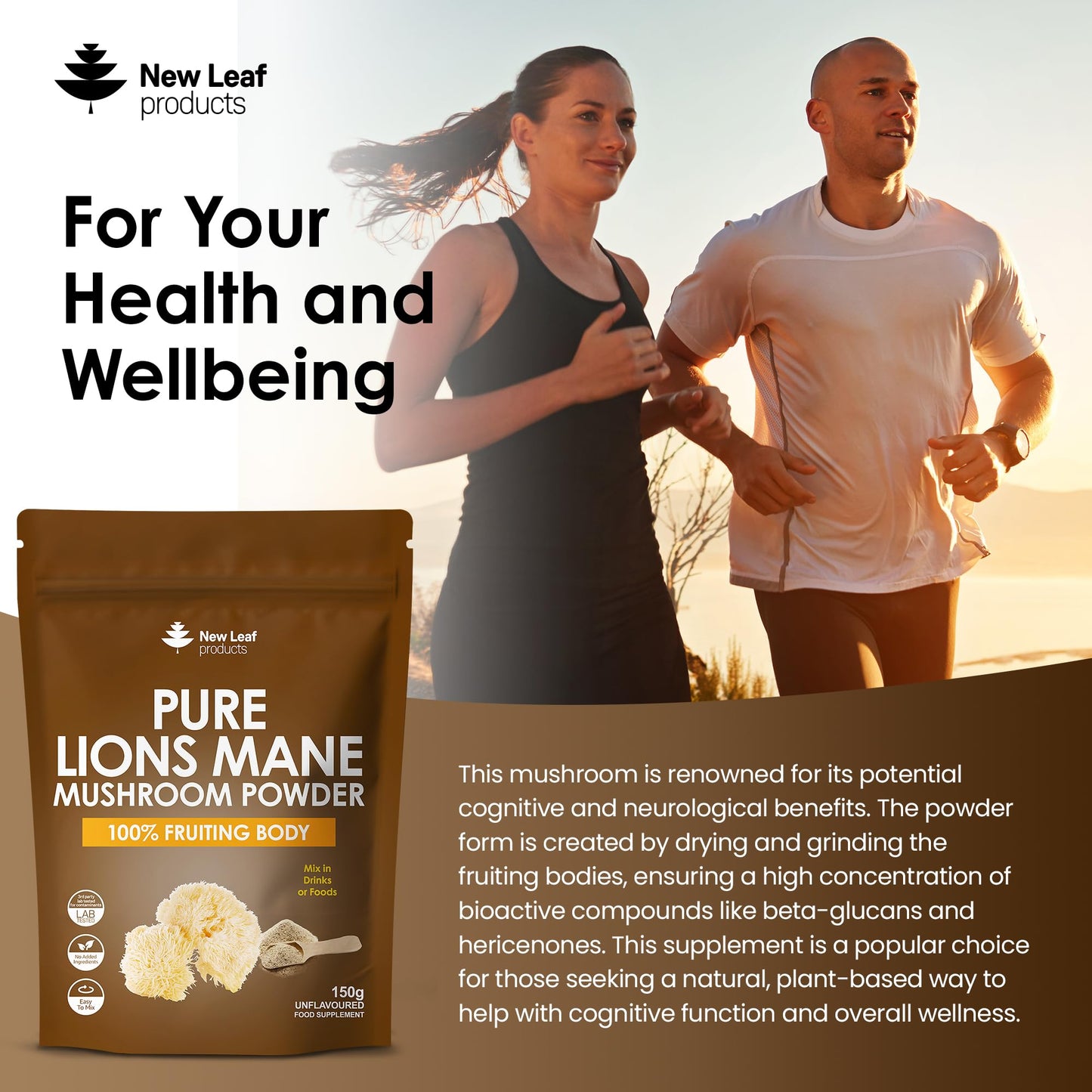 NEW LEAF PRODUCTS Lions Mane Mushroom Powder - Lions Mane Supplement High Strength 3000mg Mushroom Powder - 100% Fruiting Body Lion's Mane - 60 Servings Lions Mane Powder - Made in The UK by New Leaf