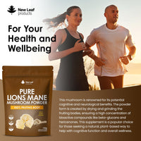 NEW LEAF PRODUCTS Lions Mane Mushroom Powder - Lions Mane Supplement High Strength 3000mg Mushroom Powder - 100% Fruiting Body Lion's Mane - 60 Servings Lions Mane Powder - Made in The UK by New Leaf
