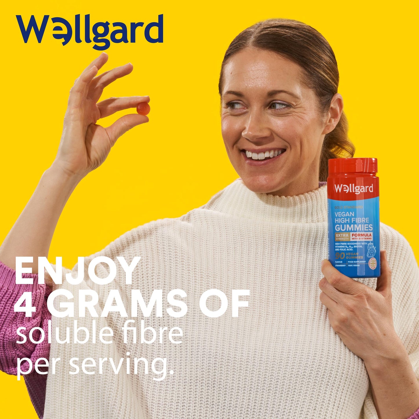 Vegan High Fibre Gummies Wellgard – High Strength Fibre Gummy Vitamins B₆, B₁₂, Biotin, and Folic Acid, Strawberry Flavour, UK Formulated