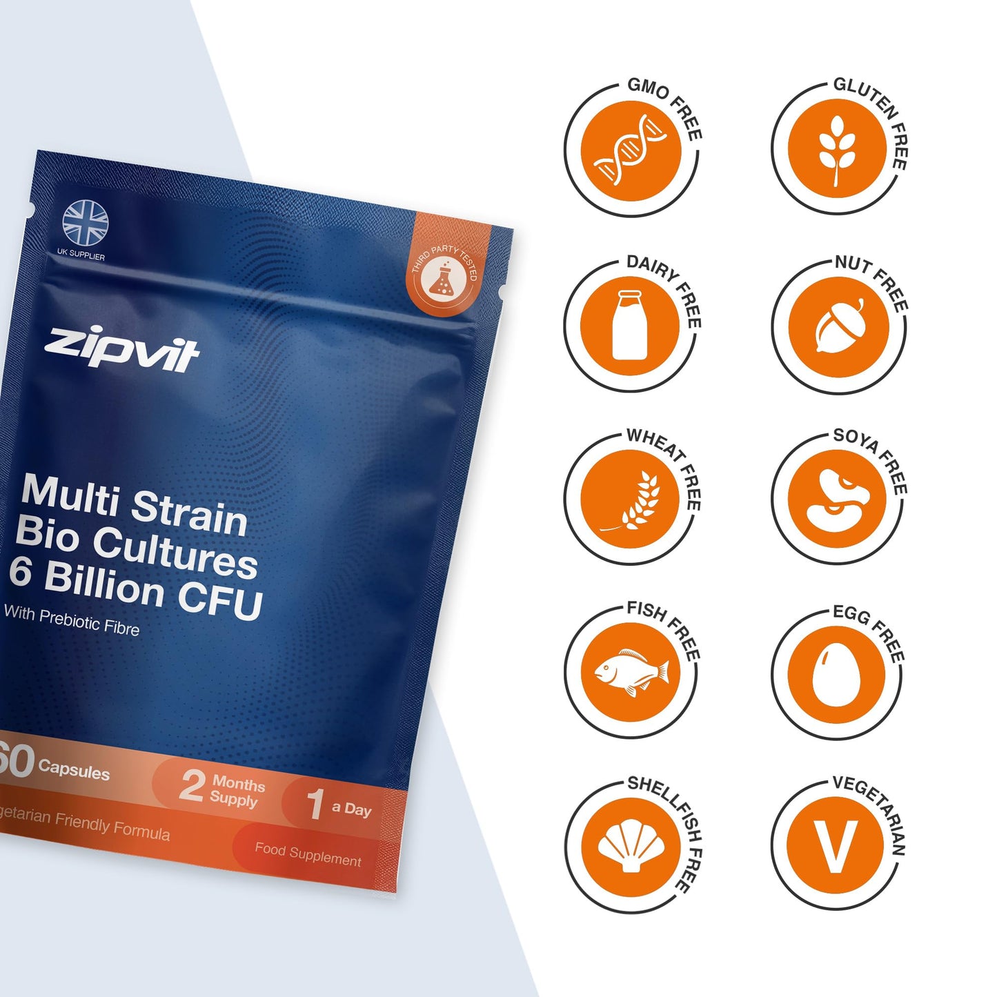 Zipvit Bio Cultures 6 Billion CFU with Prebiotic, Includes Lactobacillus & Bifidobacterium, 5 Live Strains, 60 Vegetarian Capsules, 2 Months Supply, Eco-Friendly Pouch
