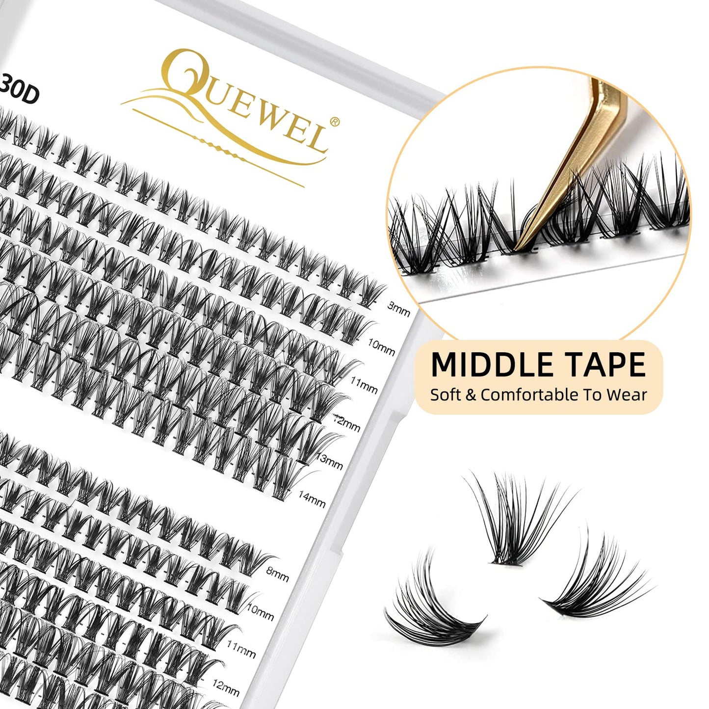 QUEWEL Cluster Lashes 240Pcs - Individual & Cluster Lashes 0.07C Curl 30D+40D Mix8-14mm for Natural Look DIY Eyelash Extensions