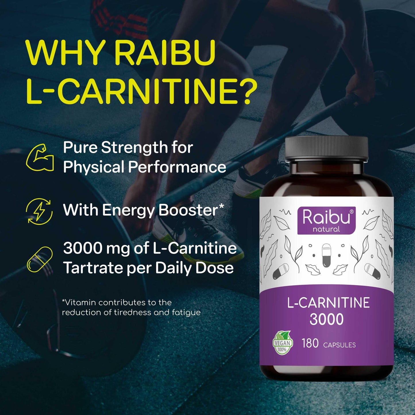 L-Carnitine 3000-180 High-Strength Capsules with Vitamin C - L-Carnitine Tartrate 3000mg per Daily Dose - Energy & Metabolism Support - Vegan, Natural & Laboratory Tested - Raibu