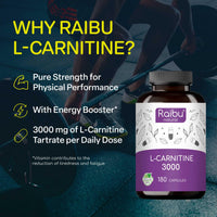 L-Carnitine 3000-180 High-Strength Capsules with Vitamin C - L-Carnitine Tartrate 3000mg per Daily Dose - Energy & Metabolism Support - Vegan, Natural & Laboratory Tested - Raibu