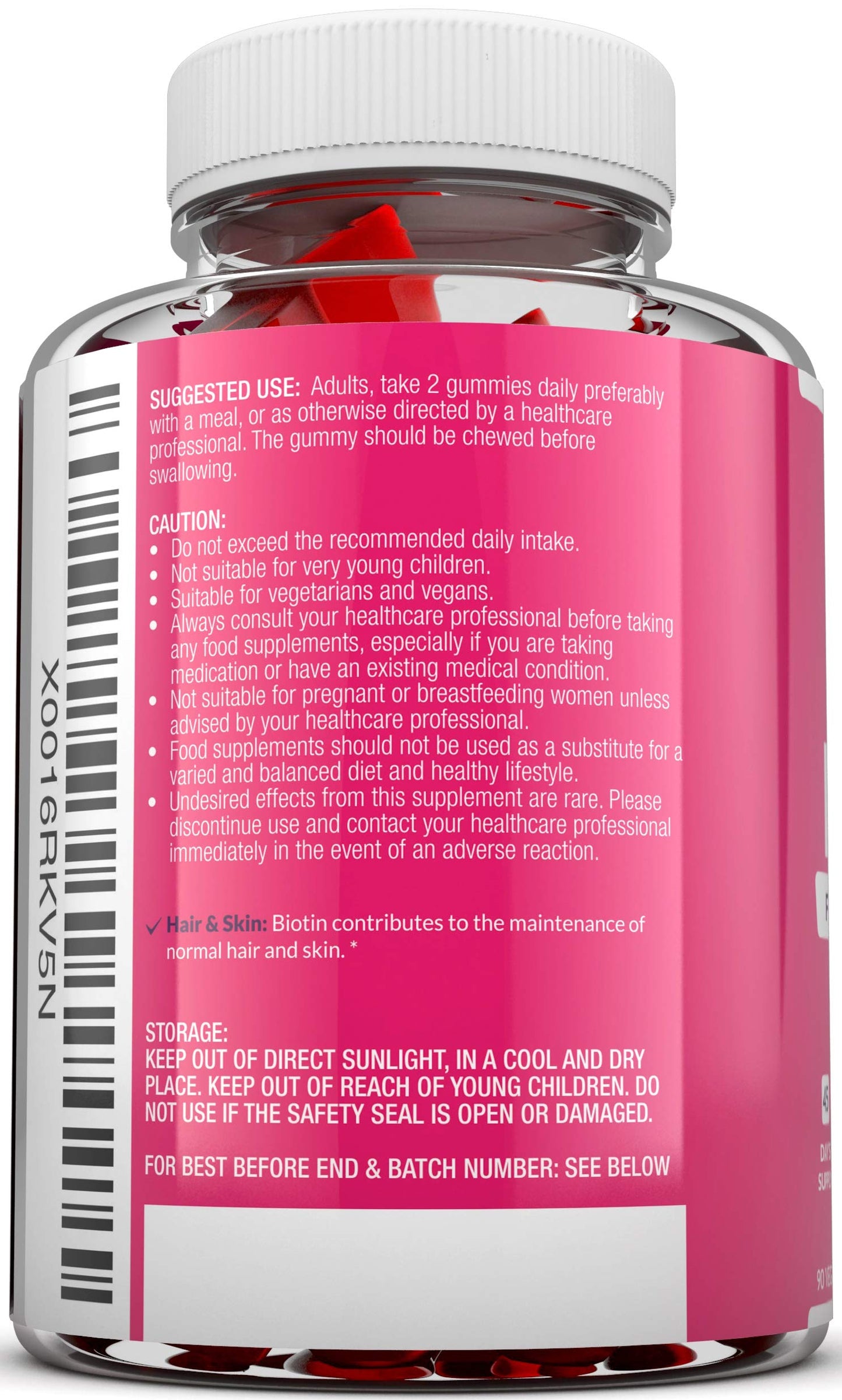 Biotin Hair Gummies 10,000mcg - 90 Vegan Gummies - 45 Day Supply - Strawberry Flavour - Supports Normal Skin & Hair Growth - Chewable Hair Vitamins