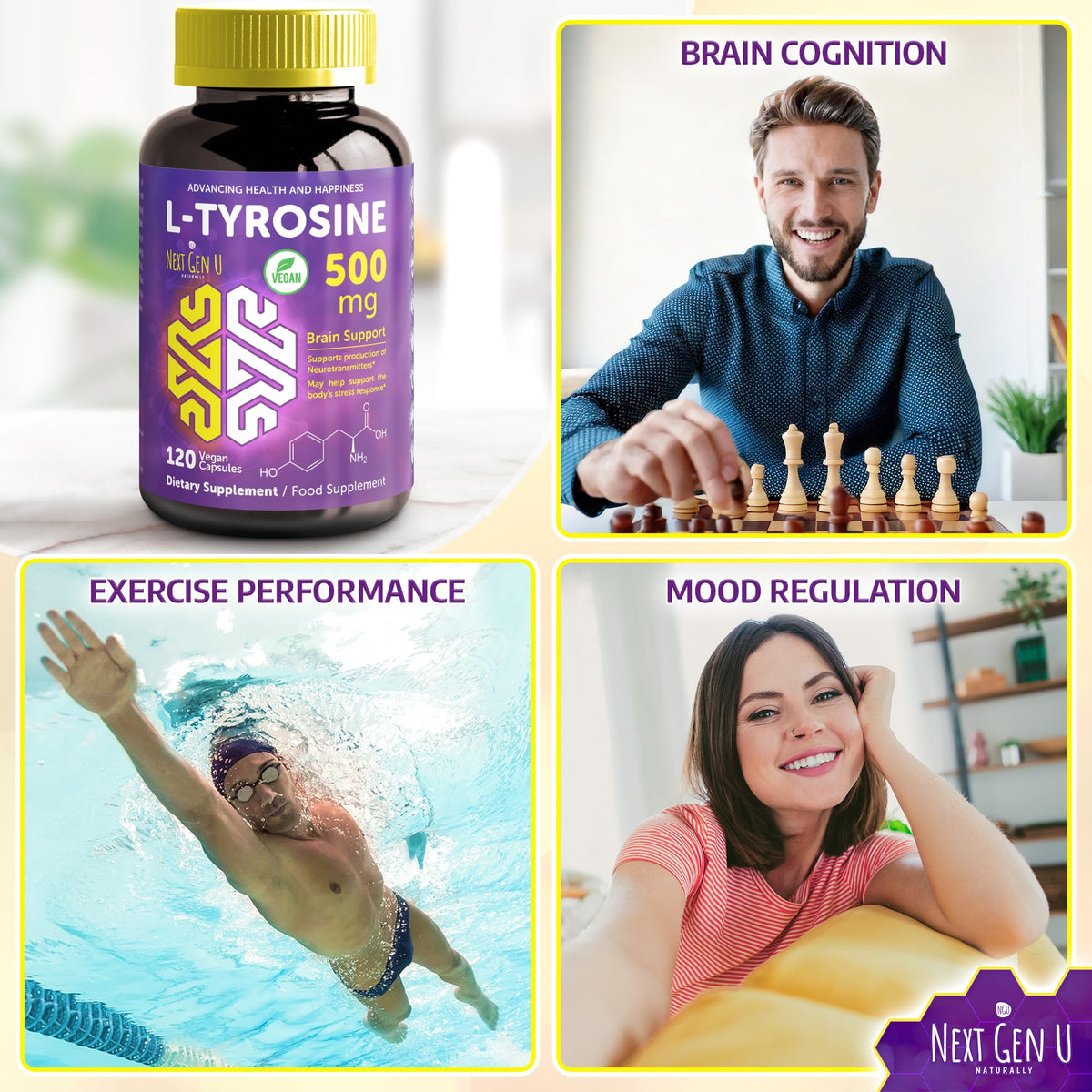 NGU Next Gen U L Tyrosine - 500 mg, 120 Vegan Capsules - Health Dietary and Food Supplement - Mood Support for Adults, Women and Men - Helps Support Healthy Brain Functions - by NextGenU