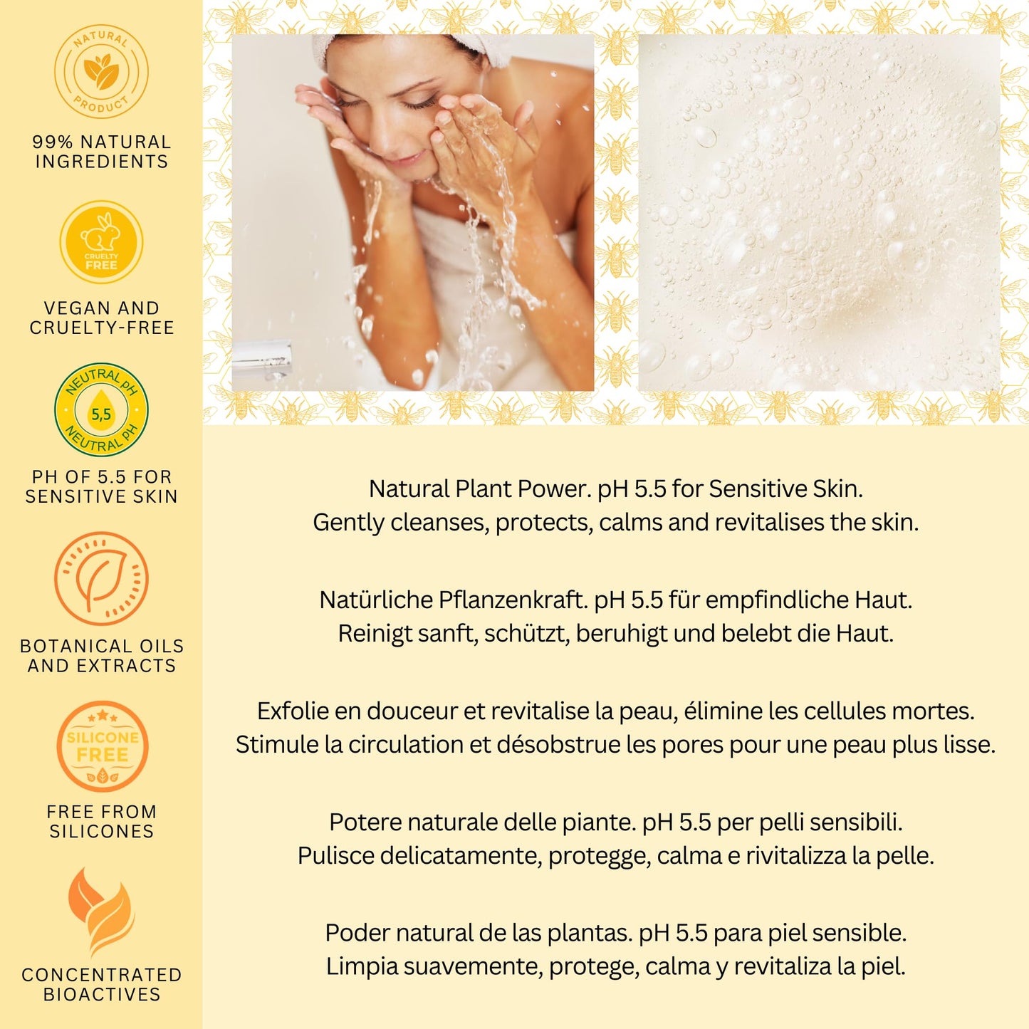 BEES of BRITAIN - 99% Natural - Face Wash - Honey, Lavender No Sulfates/Parabens. pH 5.5, Sensitive Skin. We Donate 5% of our Profit to Save Bees + Pollinators. 250ml