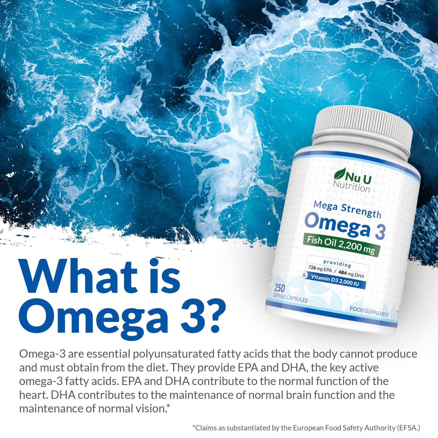 Nu U Nutrition - Omega 3 2200mg & Vitamin D3 2000IU - 250 Softgel Capsules - 726mg EPA & 484mg DHA per Serving - Alternative to Cod Liver Oil Capsules - High Strength, Wild Caught - Made in the UK