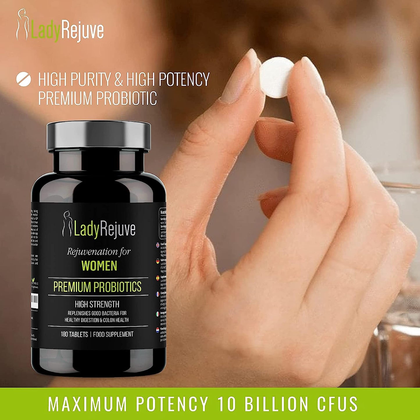 LadyRejuve Premium Probiotics | 180 Vegan Tablets (3 Month Supply) | 10 Billion CFU - Specially Formulated Probiotics for Women | Gut Health Supplements | Provides Constipation Relief for Adults