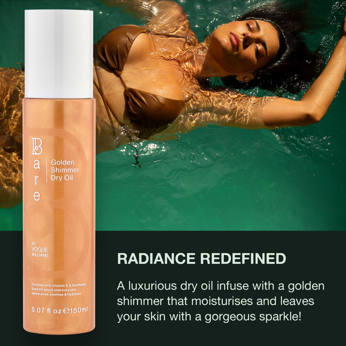 Bare by Vogue Golden Shimmer Dry Oil - Moisturise and Hydrate your Skin with Gorgeous Sparkle - Lightweight & Quick-Drying Face & Body Shimmer Oil, 150ml