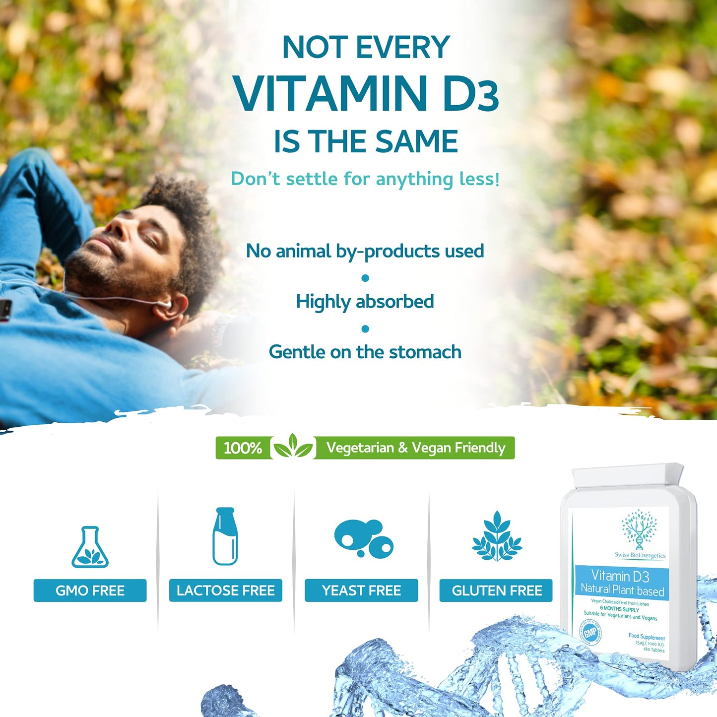 swiss bioenergetics Vitamin D3 1000 IU - 100% Vegan - 6 Months Supply - Natural Cholecalciferol derived from Algae, Making it Low-CO2 and 100% Plant sourced - no pesticides and no Harsh solvents - UK Made