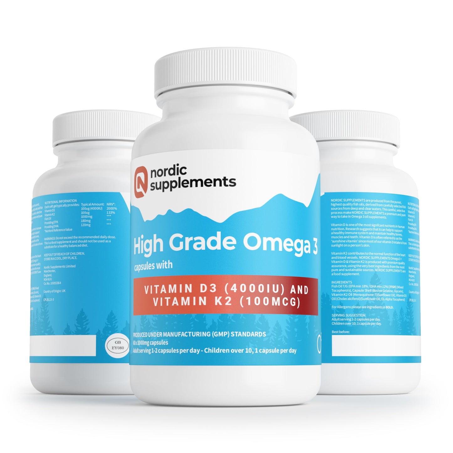 Nordic Supplements Omega-3 Fish Oil 1000mg with Vitamin D3 4000IU & K2 100µg - High Strength, 60 Capsules