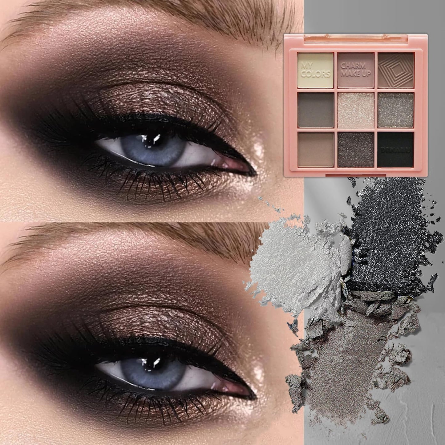 LYNTYAOU Smoky Eyeshadow Palettes Black Silver Pink Eye Shadow Palette, Cool Make-Up Palettes Shimmer for Women Glitter Make up Set, 9 Colour Long Lasting Highly Pigmented Eyeshadow Palette Gift with Brush