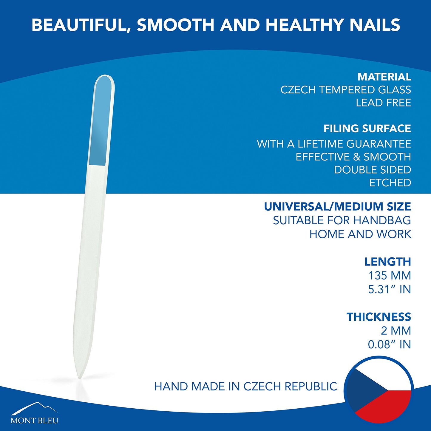 Mont Bleu Colour Crystal Nail File in Black Pouch - Czech Tempered Glass - Handmade in Czech Republic