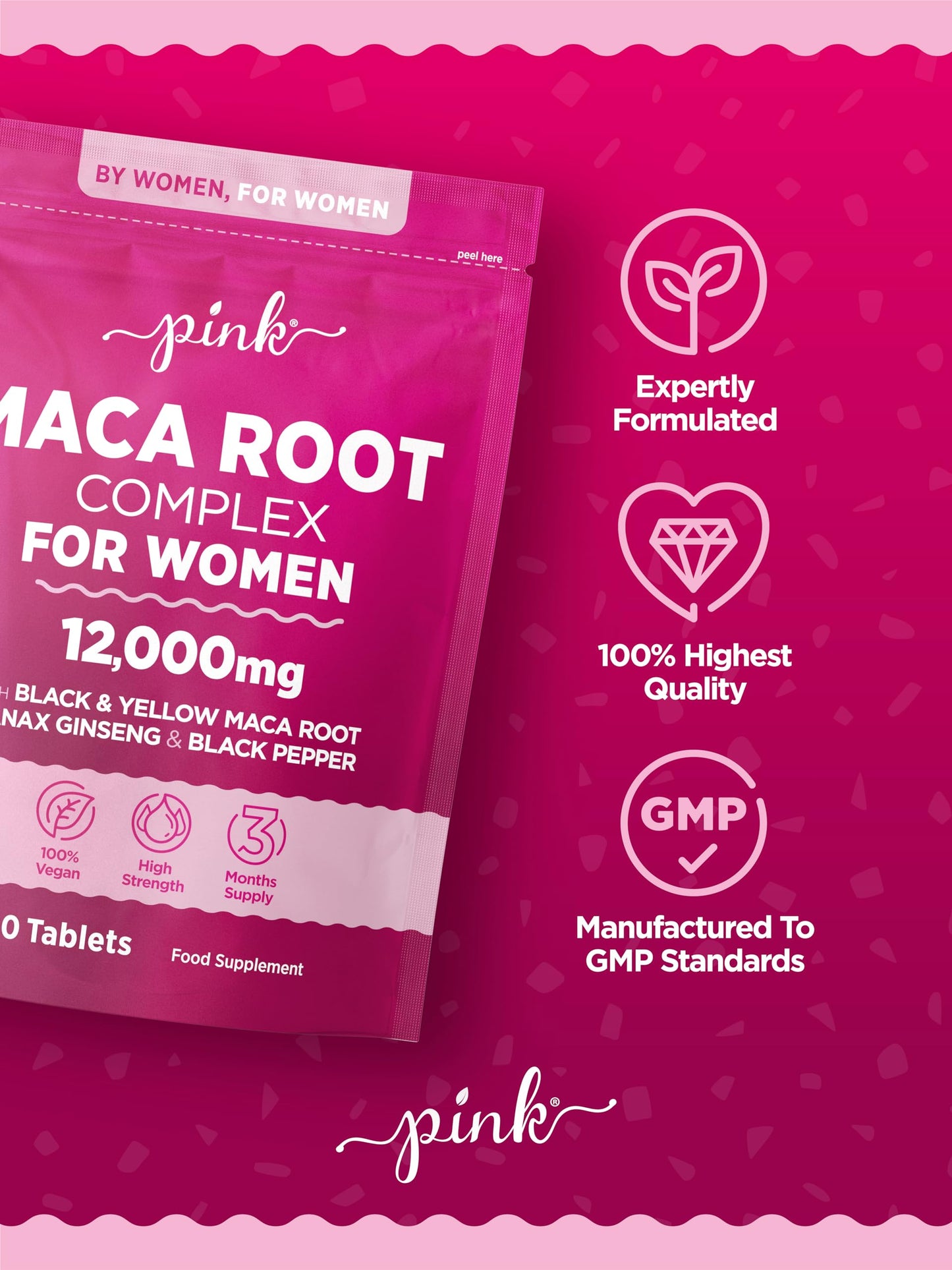 Maca Root Capsules for Women 12,000mg | High Strength Black & Yellow Maca Root with Panax Ginseng and Black Pepper | Botanical Supplement to Support Women's Health | by PINK