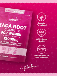 Maca Root Capsules for Women 12,000mg | High Strength Black & Yellow Maca Root with Panax Ginseng and Black Pepper | Botanical Supplement to Support Women's Health | by PINK
