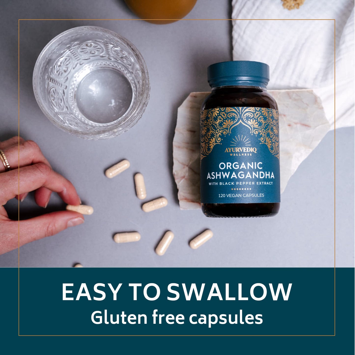 AYURVEDIQ WELLNESS Ayurvediq Wellness, 120 caps Ashwagandha Organic Capsules with Black Pepper Extract, Ayurveda Products, Herbal Supplements, Vitamins, Iron & Protein, Gluten Free, Dairy Free, Vegan