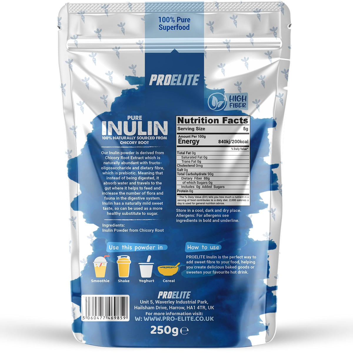 Pure Inulin Powder Prebiotic Soluble Fibre - Vegan, GMO Free, Gluten Free Made in EU from Natural Chicory Root Fructo OligoSaccharide FOC Powder by PROELITE (250g)