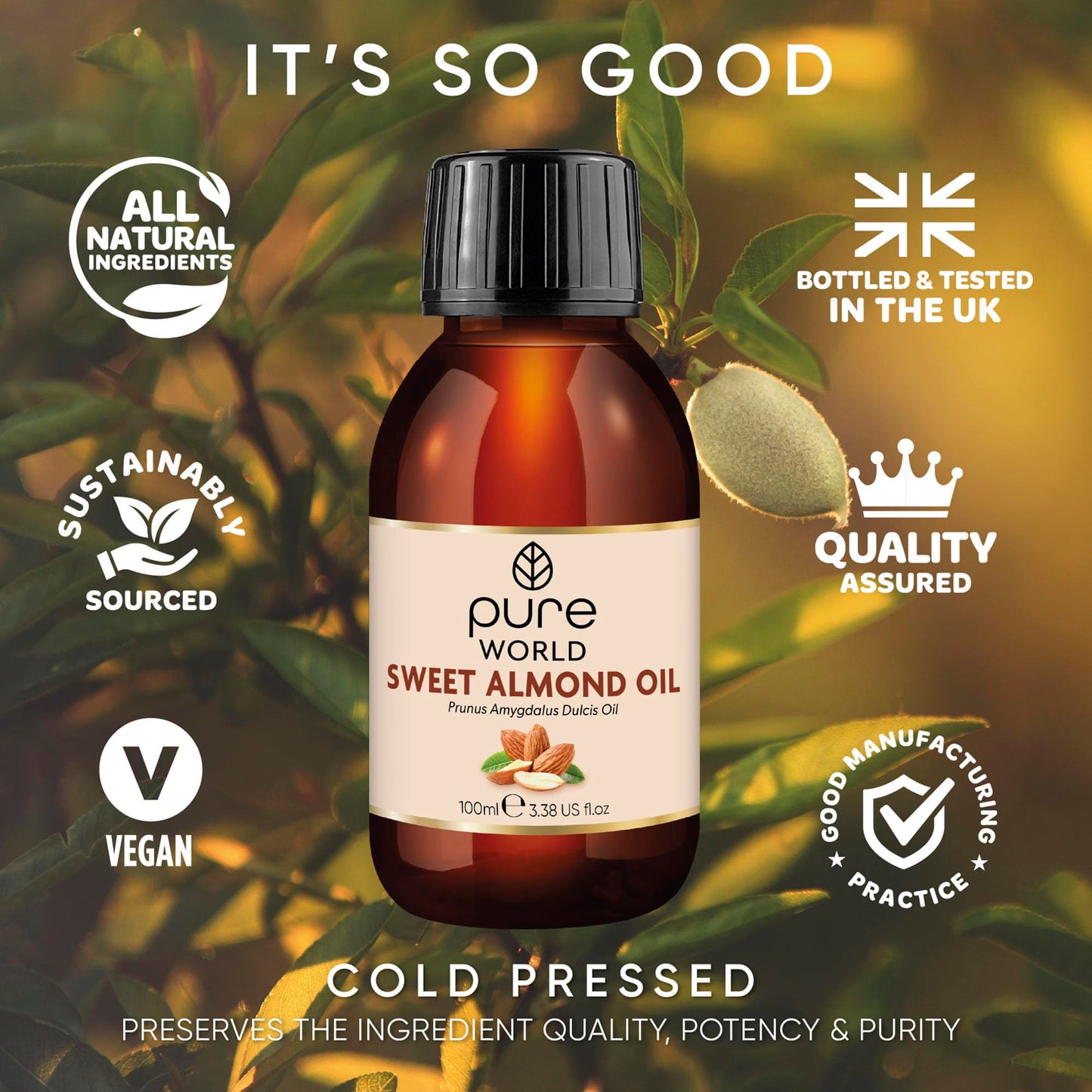 Pure World Premium Sweet Almond Oil 100ml – 100% Natural, Cold-Pressed & Undiluted | Massage & Body Moisturiser for Skin & Hair | Vegan, Edible