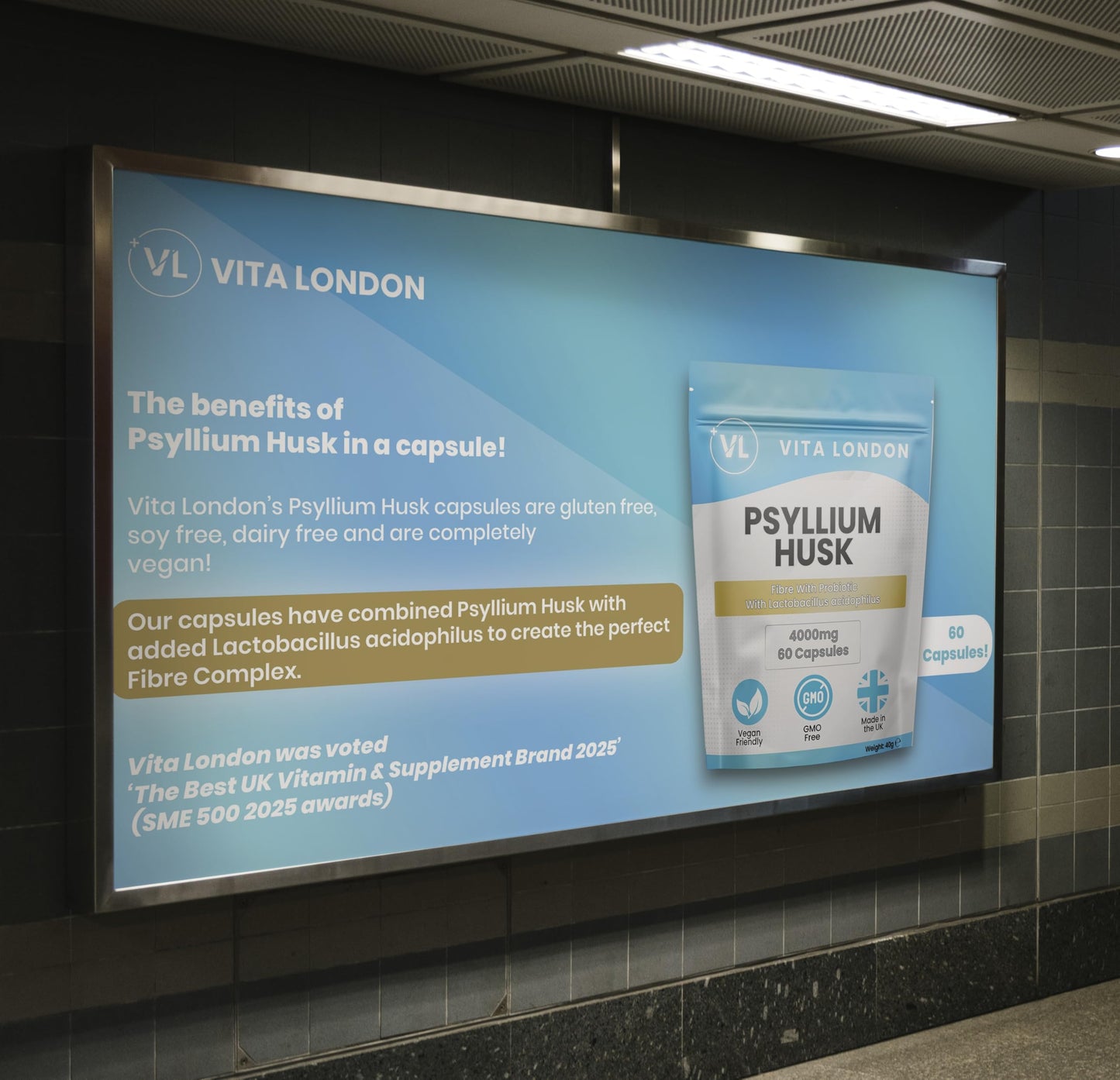 VL Vita London Psyllium Husk 4000mg Fibre Supplement – 60 High Strength Vegan Capsules (Easy Swallow) with Acidophilus Probiotics – Vita London Digestive Health Formula for Men & Women – Made in UK