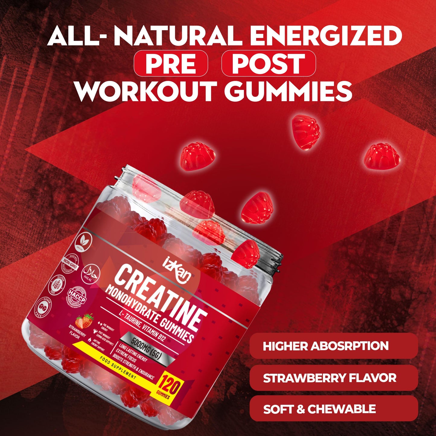 Izkan Creatine Gummies 5000mg (5G) for Men & Women - 120 Chewable Creatine Monohydrate Gummies Strawberry Flavoured | Pre Workout Gym Supplement| Muscle Boost| 4 Per Day - Vegan & Halal (2X)