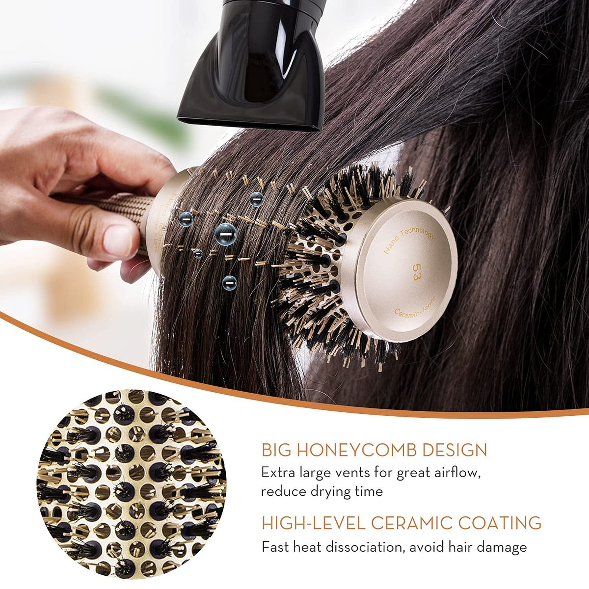 AIMIKE Round Brush, Nano Thermal Ceramic & Ionic Tech Hair Brush, Small Round Barrel Brush with Boar Bristles for Blow Drying, Styling, Curling and Shine (2.4 inch, Barrel 1.3 inch) + 4 Free Clips